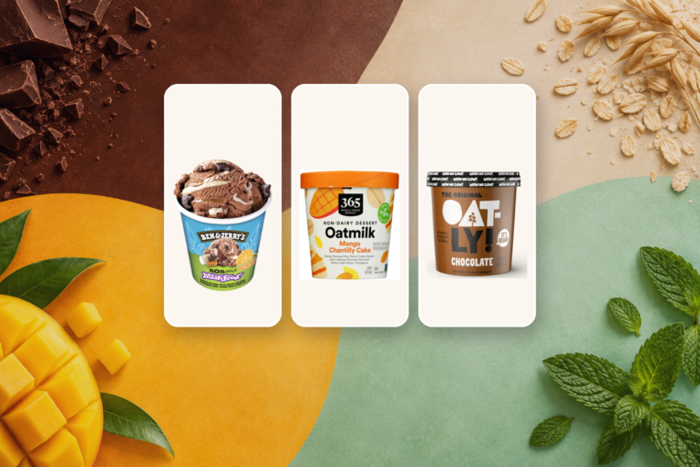 Ben & Jerry's Phish Food, 365 Mango Chantilly Cake, and Oatly Chocolate vegan pints in three separate editorial panels against chocolate, mango, oat, and mint imagery.