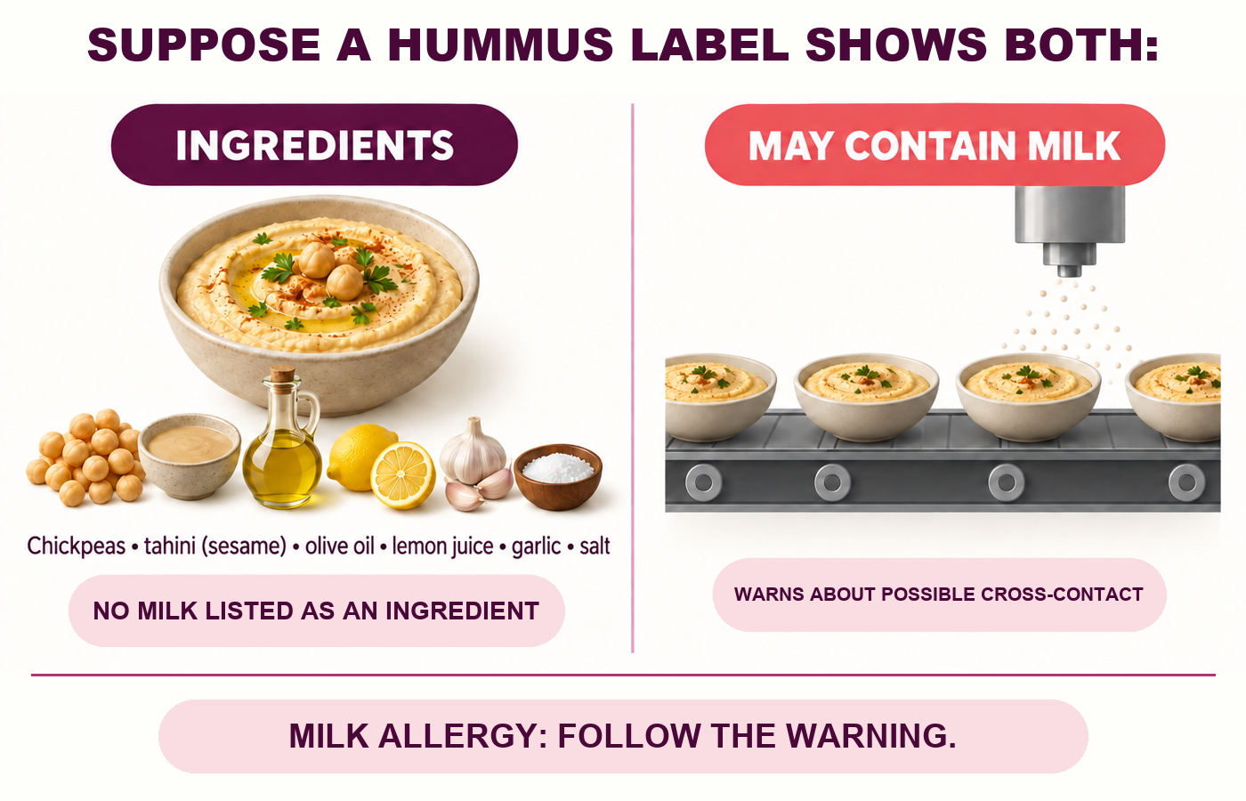 Hypothetical hummus label shows no milk listed as an ingredient beside a May contain milk warning for possible cross-contact and the instruction Milk allergy: follow the warning.