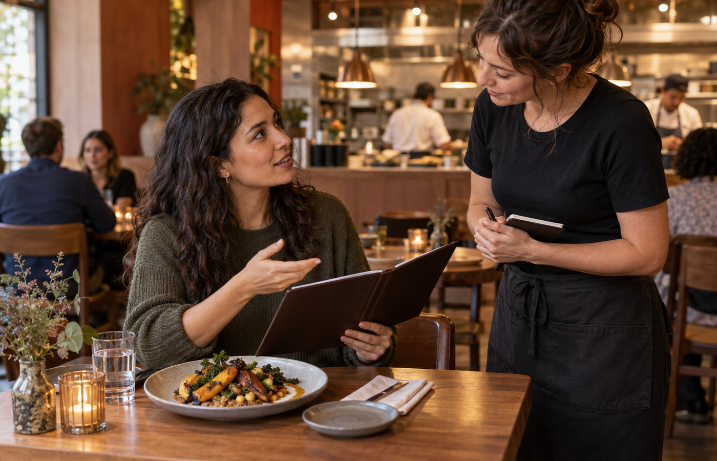 A diner asks a server a question while looking at a menu in an open-kitchen restaurant.