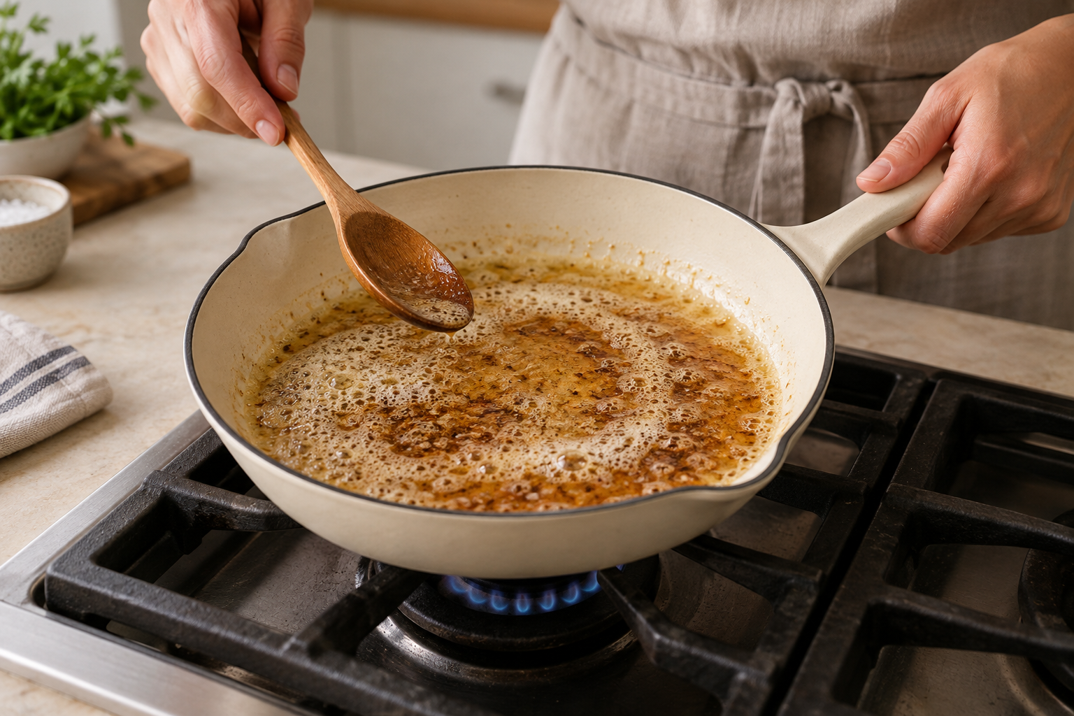 A baker stirs amber melted vegan butter with golden toasted solids in a light-colored skillet.