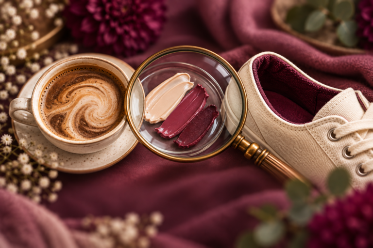 Coffee, cosmetic swatches, and a sneaker arranged around a large magnifying glass on burgundy fabric.