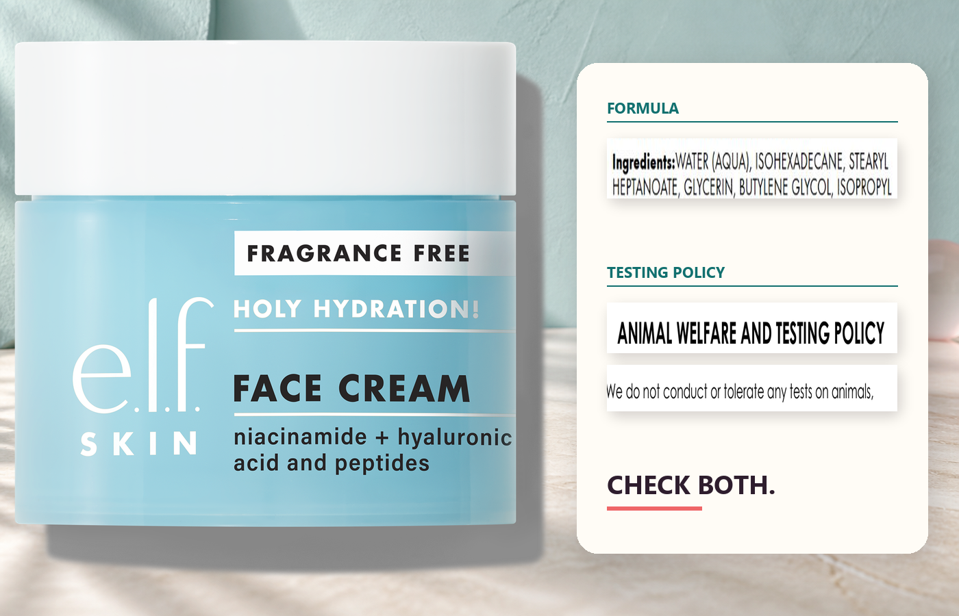 e.l.f. Holy Hydration Fragrance Free face cream beside close crops of its ingredient list and animal-testing policy.