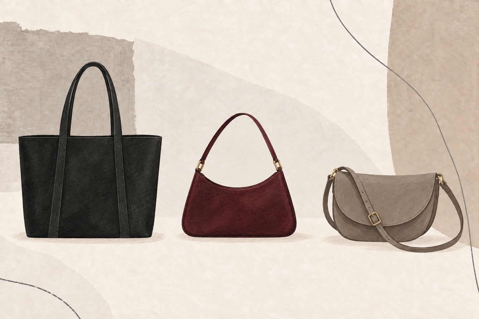 Fashion illustration comparing three vegan handbags: a structured tote, compact shoulder bag, and curved crossbody bag.