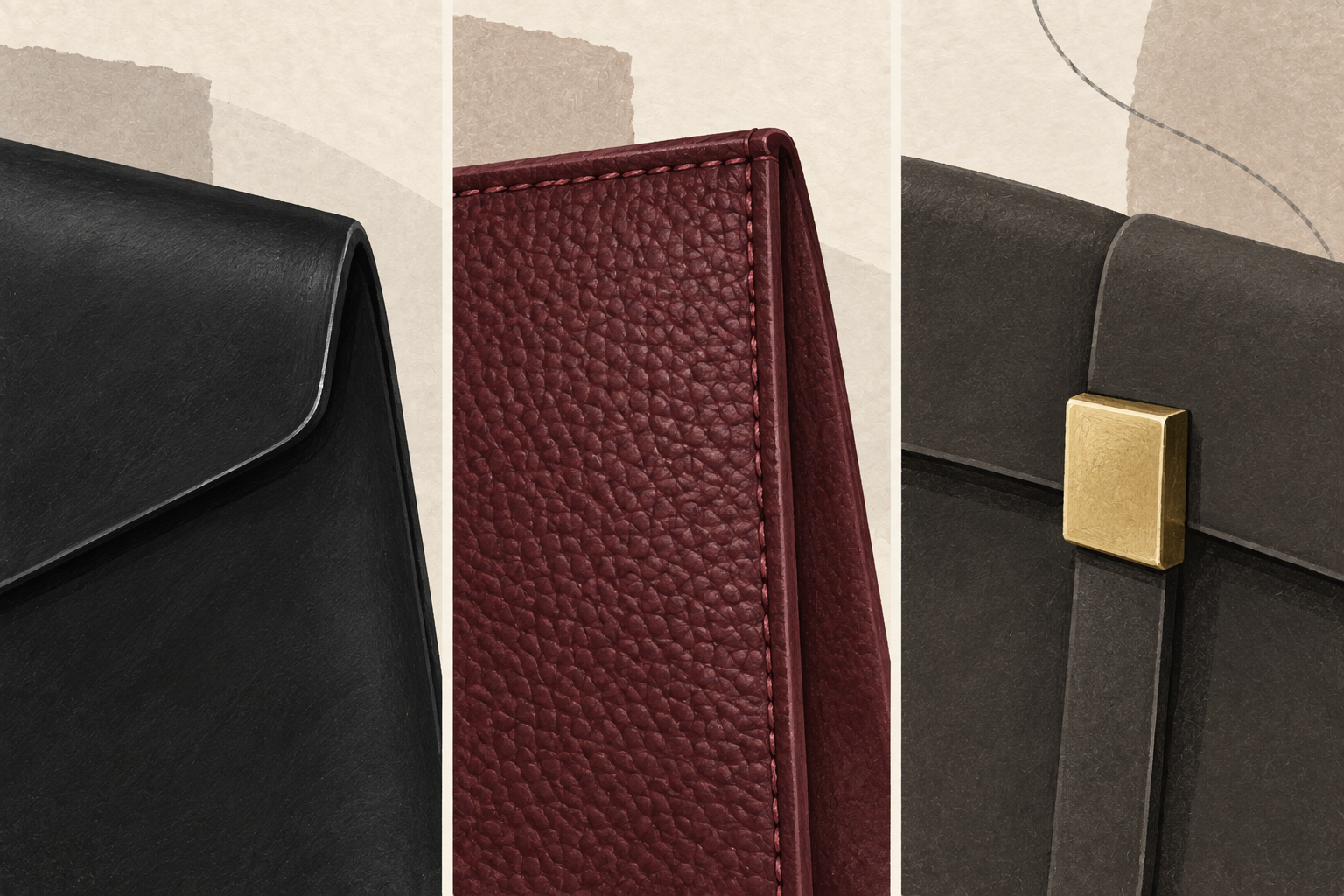 Editorial close-up of smooth, fine-pebbled, and matte coated handbag finishes with tonal stitching and clean edges.