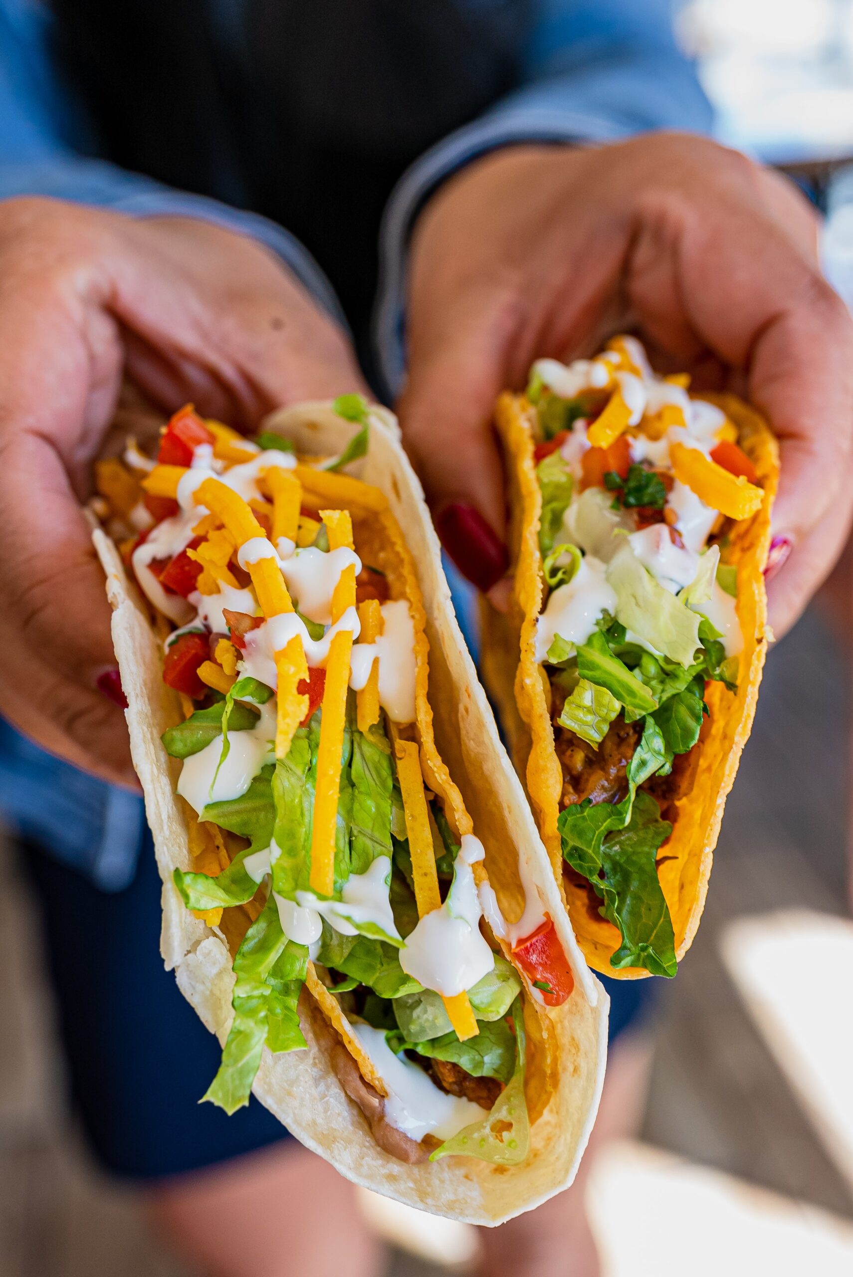 Two Tacotarian tacos with lettuce, peppers, sauce, and shredded topping held toward the camera.