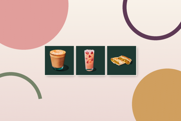 Three official Starbucks products in separate panels: Brown Sugar Oatmilk Cortado, Mango Dream, and Spicy Falafel Pocket.