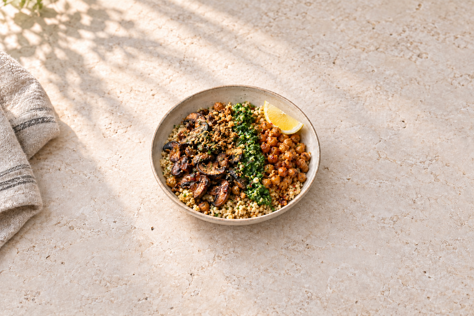 Centered bowl of browned mushrooms and chickpeas with green herb sauce, crisp crumbs, and lemon.