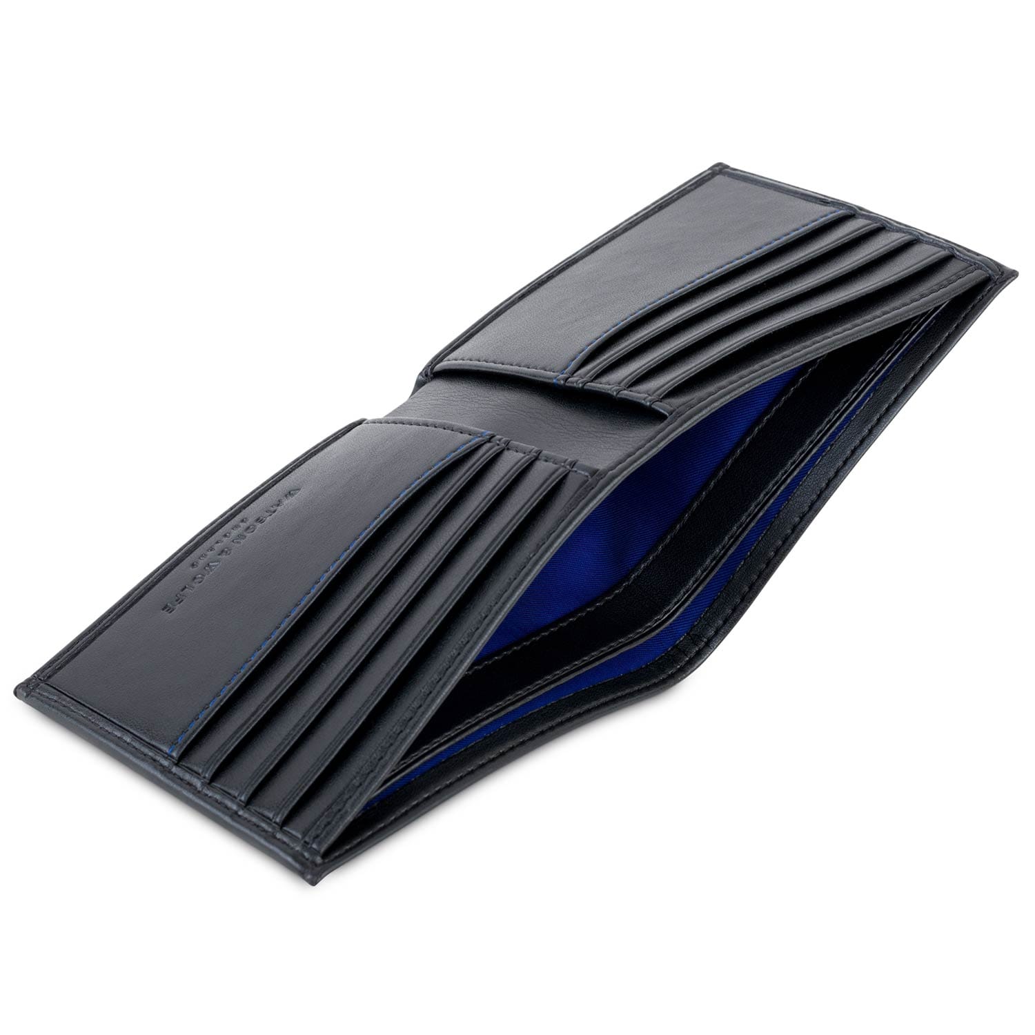 Vegan accessories: black Watson & Wolfe bifold open to show its cobalt lining and card compartments.