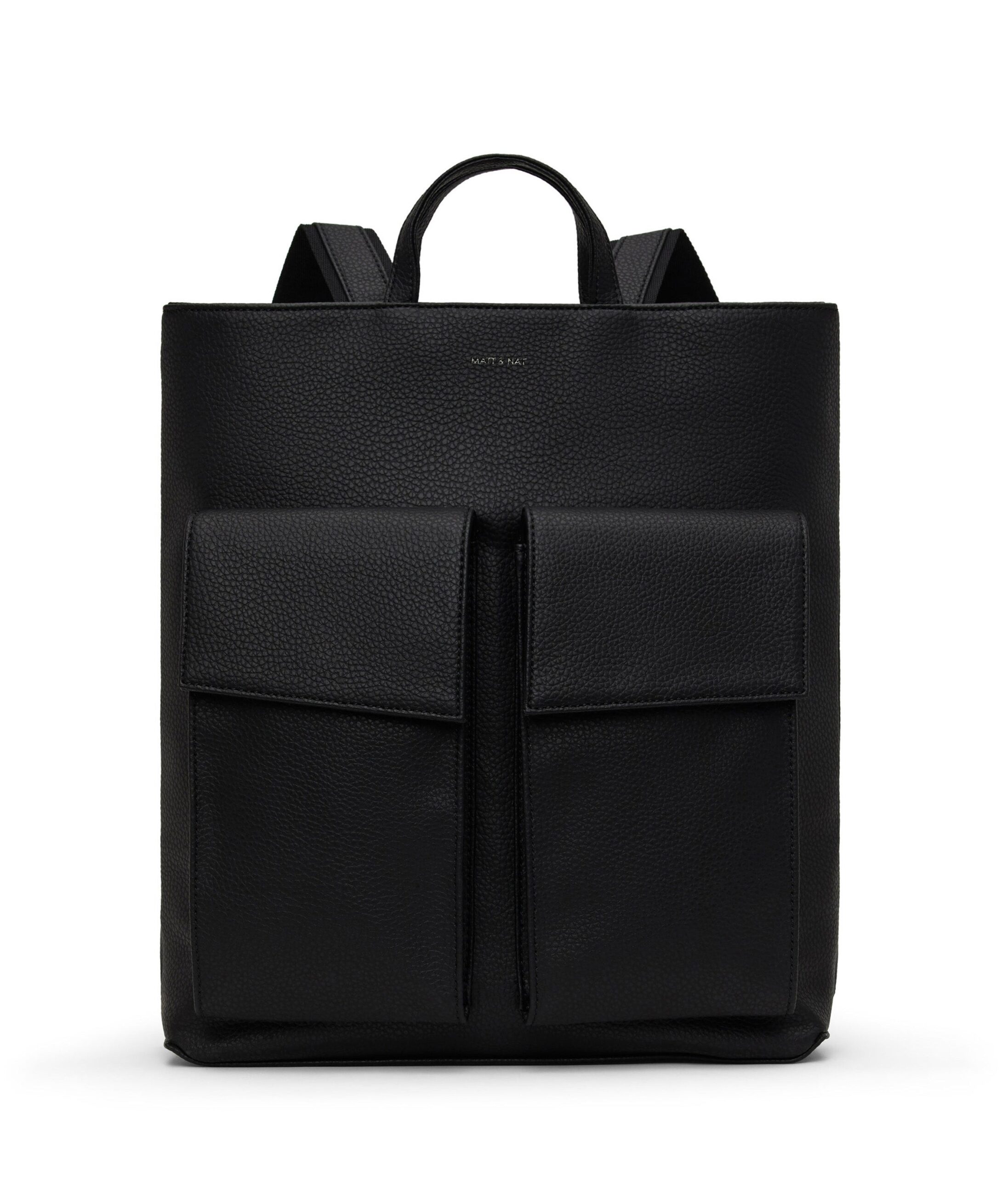 Black Matt & Nat MYRON Purity backpack with two handles and two front flap pockets.