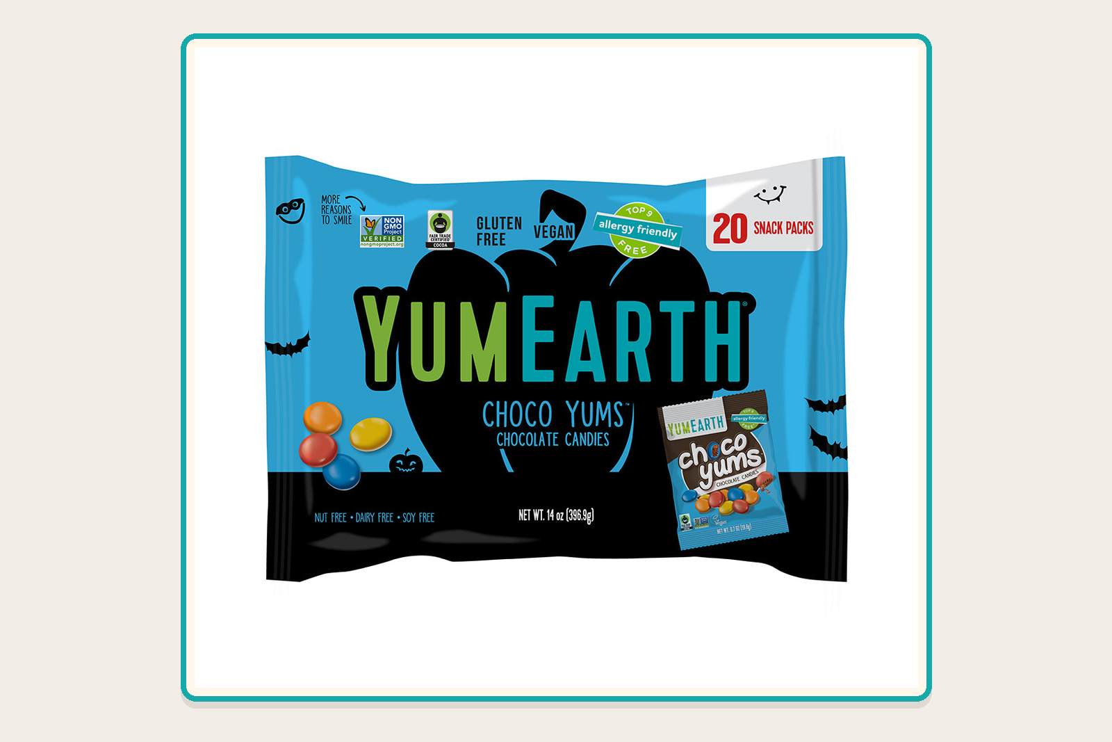 Vegan Halloween candy: YumEarth Halloween Choco Yums bag with 20 snack packs.