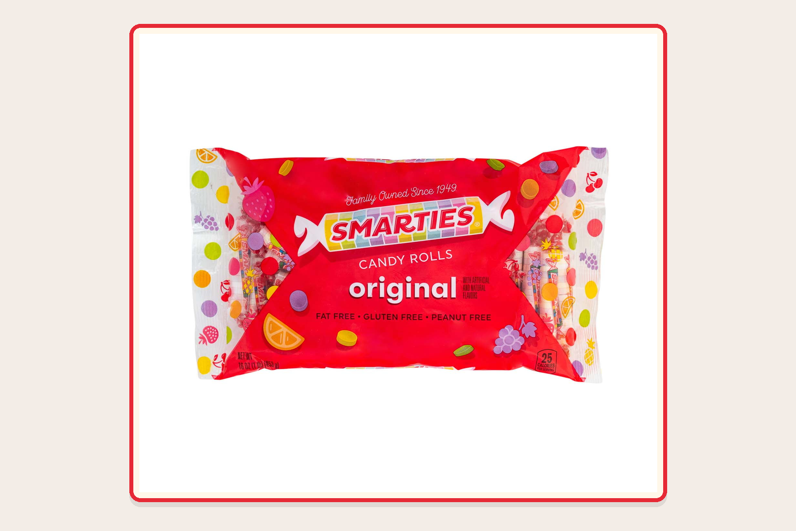 Original Smarties Candy Rolls one-pound bag, front view.