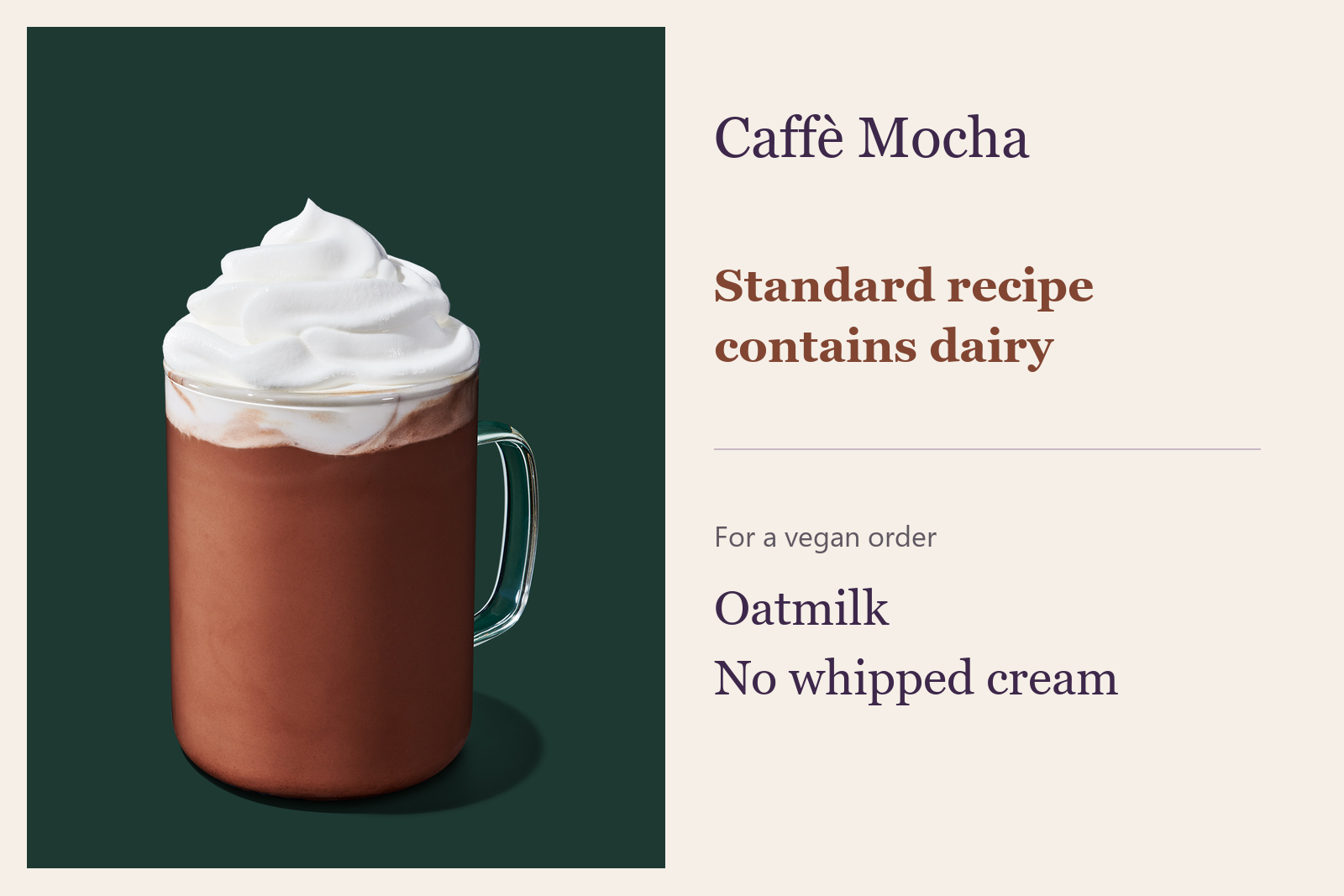 Official standard Caffè Mocha shown as the dairy-containing starting recipe, with the vegan order changes: oatmilk and no whipped cream.