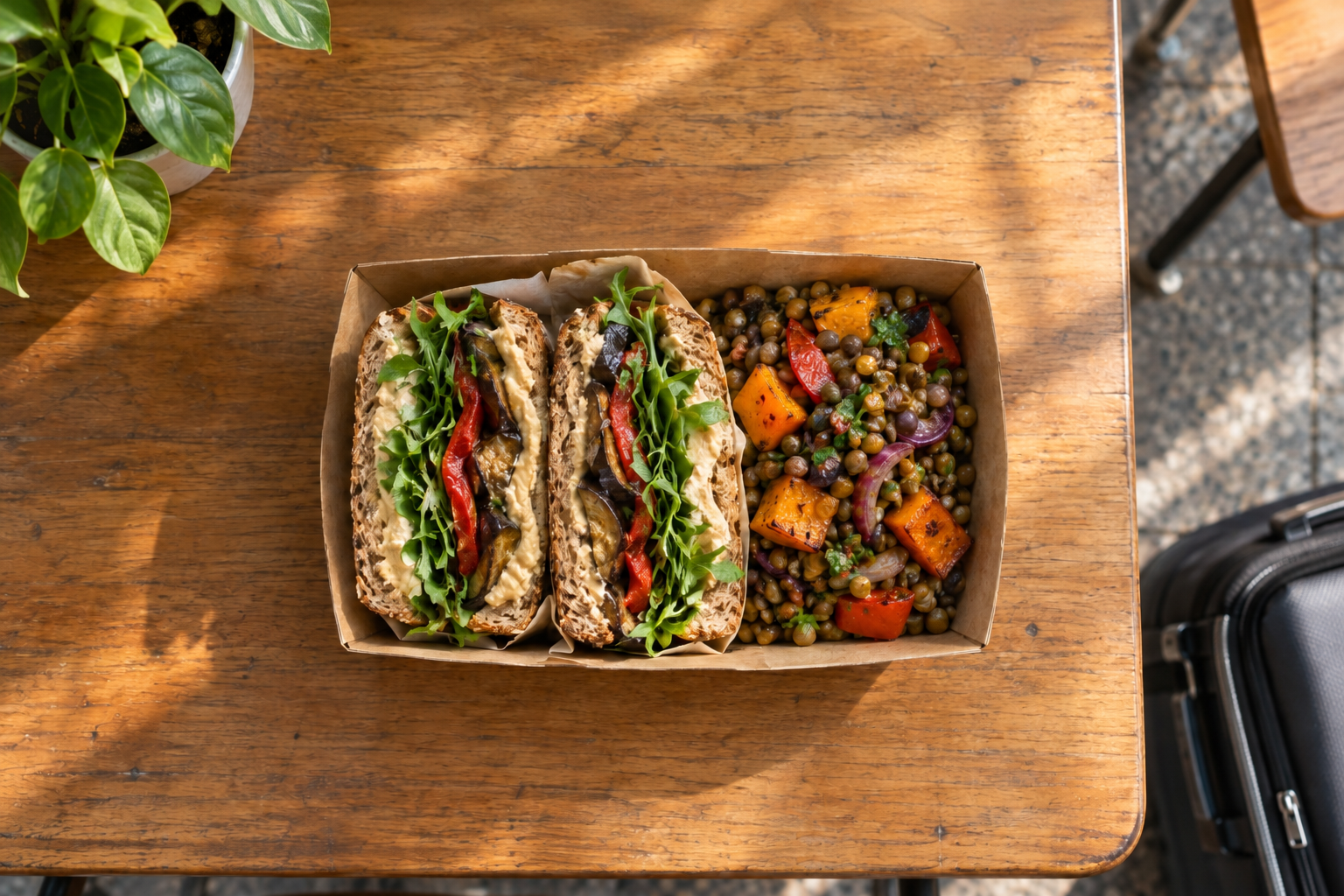 Two vegan sandwich halves with lentils and roasted vegetables in a paper tray on a wooden table beside a carry-on.